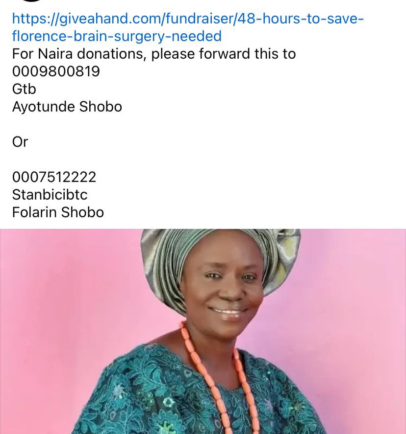 OmorinsolaLopez's tweet photo. Good morning everyone 
I hope this message meets you well
Please I’m in need of our help and support 
My mum has been diagnosed with brain aneurysm and will be needing an urgent https://t.co/HY5nQ4rSyq