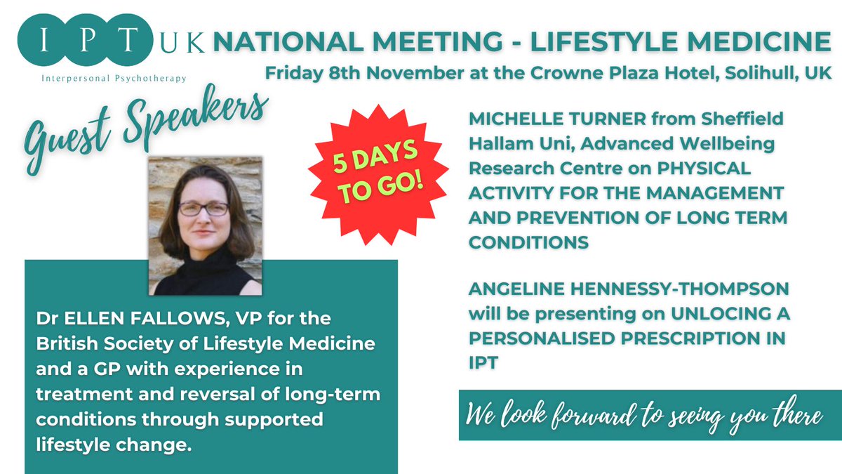 Still time to register for our fantastic IPT UK National Meeting and CPD event on Friday 8th October buytickets.at/iptuk/1228802 #iptuk #ipt #mentalhealth #lifestylemedicine