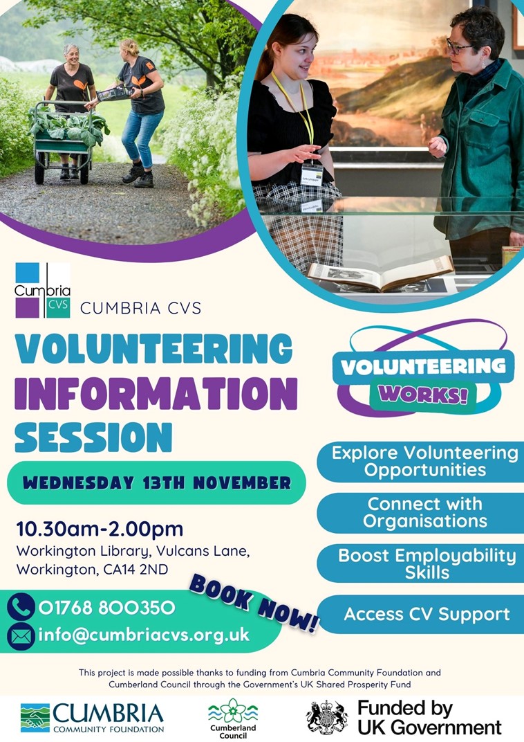 Come along and meet some of the organisations who would like to recruit volunteers including SSAFA, Safety Net, Citizens Advice, Workington Nature Partnership, Autism Support, Inspira, Keswick Museum, Step Forward into Volunteering and more. #cumbriacvs