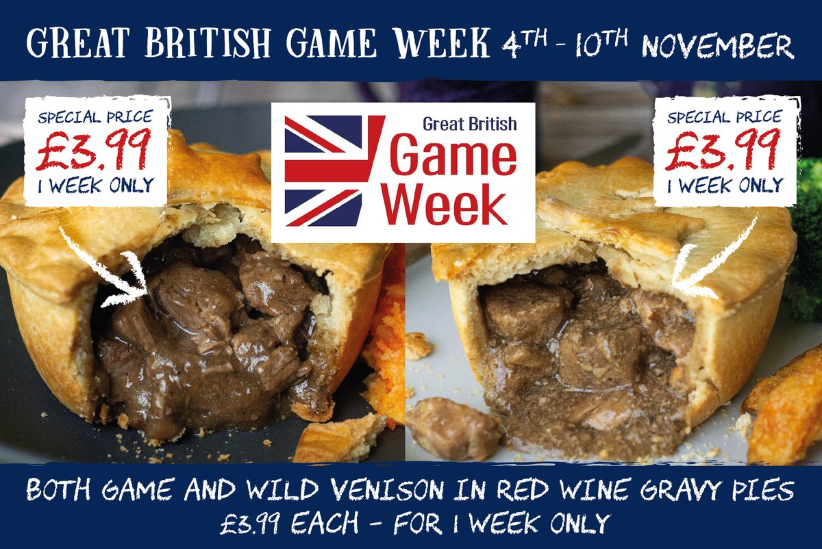 mudfoods's tweet photo. It’s #GreatBritishGameWeek and we’re getting into the spirit of it with an offer on our mixed game and venison pies. £3.99 each for one week only. https://t.co/JGBtE28KLE #GBGW #britishgame #eatmoregame @letseatwild #letseatwild #eat_wild #eatwild #gamepie #venisonpie #mudfoods https://t.co/KFQaFqWaoM