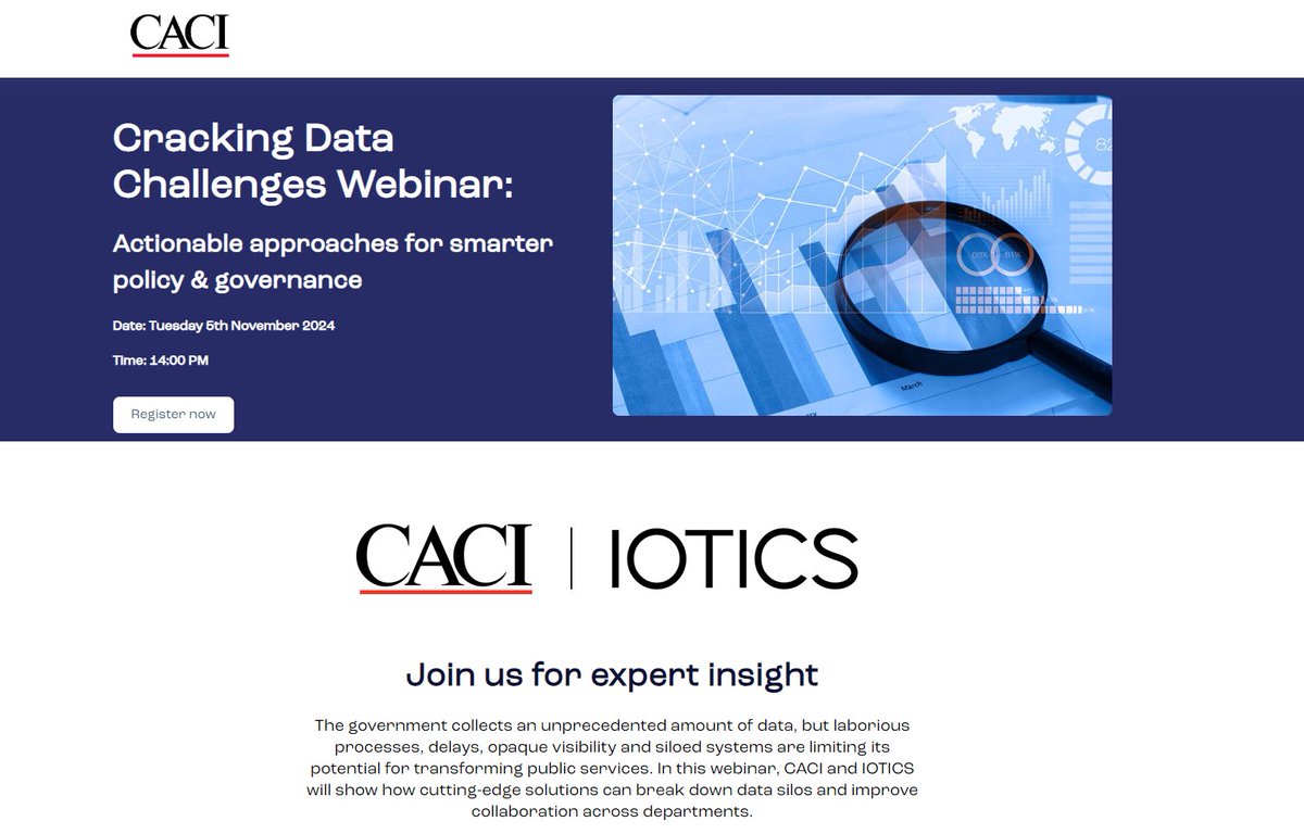 IOTICS (@iotics_news) on Twitter photo Cracking Data Challenges in Government: Actionable Approaches for Smarter Policy & Governance.📅 Tues 5th Nov, ow.ly/ZSKB50TT76t. Our webinar in collaboration with <a href="/CACIIntl/">CACI International Inc</a> will show how our cutting-edge solution offers a scalable, federated approach to data discovery. Cracking Data Challenges in Government: Actionable Approaches for Smarter Policy & Governance.📅 Tues 5th Nov, ow.ly/ZSKB50TT76t. Our webinar in collaboration with <a href="/CACIIntl/">CACI International Inc</a> will show how our cutting-edge solution offers a scalable, federated approach to data discovery.