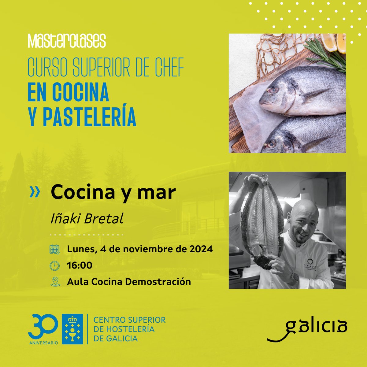 Iñaki Bretal, alumni y chef del restaurante <a href="/oEirado/">Iñaki Bretal</a>  con una estrella Michelín, imparte una masterclass sobre Cocina  y Mar al alumnado del Curso Superior de Chef en Cocina y Pastelería y del grado en Gastronomía.