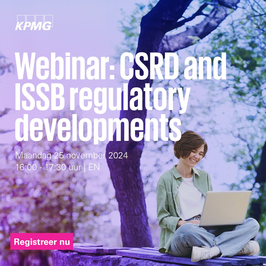 Op 25 nov organiseert <a href="/KPMG_NL/">KPMG Nederland</a> het #webinar ‘Insights on CSRD and ISSB developments’. Krijg updates over #CSRD en #ISSB en praktische inzichten uit het eerste rapportagejaar. Meld je snel aan: kpmg.com/nl/en/home/eve… ​

#kpmgnederland #CSRDReporting
