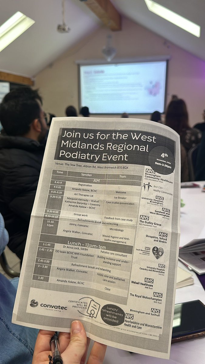 Interesting discussions at the West Midlands Regional Podiatry Senate! 

Great discussions around wound care, palliative care patients and holistic care with colleagues from all over the region! 

<a href="/Convatec/">Convatec</a>