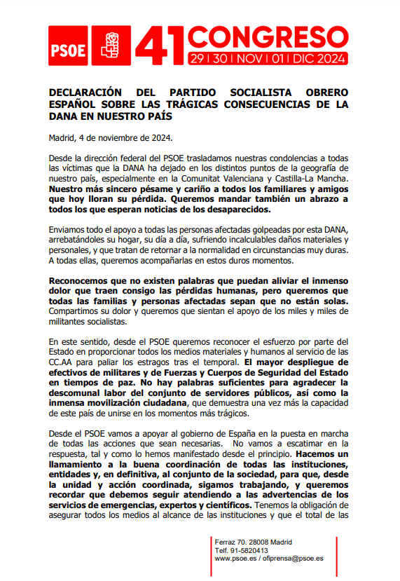 PSOE's tweet photo. Desde la dirección federal del PSOE trasladamos nuestras condolencias a todas las víctimas que la DANA ha dejado en los distintos puntos de la geografía de nuestro país, especialmente en la Comunitat Valenciana y Castilla-La Mancha.

Nuestro más sincero pésame y cariño a todos sus familiares y amigos y un abrazo a todos los que esperan noticias de los desaparecidos.

🔗 Declaración del PSOE sobre las trágicas consecuencias de la Dana en nuestro país. ⤵️

https://t.co/zigVdVmjxh