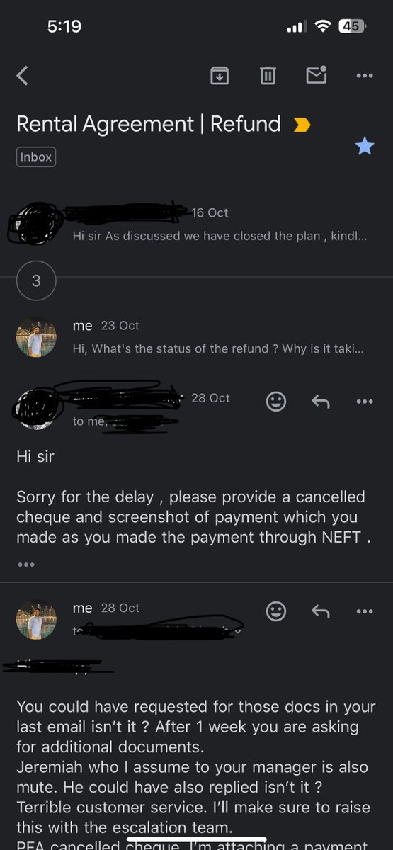 _sudz_'s tweet photo. @NoBrokerCare @nobrokercom @NoBrokerCare @nobrokercom 
Even after sending the payment screenshots and cancelled cheque image, the refund is still not processed. Attaching screenshot of the email thread. https://t.co/UbpfpqP5cI