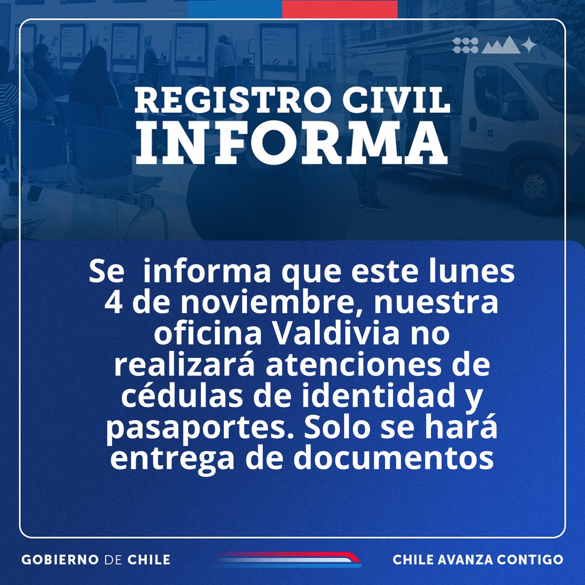 Atención #ValdiviaCl a raíz de la implementación del nuevo sistema de identificación y capacitación de funcionarios, hoy lunes 4 de noviembre la oficina Valdivia no atenderá cédulas de identidad, ni pasaportes. Solo se hará entrega de documentos. #LosRíosCl #ElRanco