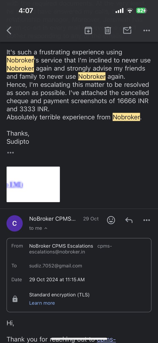 _sudz_'s tweet photo. @NoBrokerCare @nobrokercom @NoBrokerCare @nobrokercom 
Even after sending the payment screenshots and cancelled cheque image, the refund is still not processed. Attaching screenshot of the email thread. https://t.co/UbpfpqP5cI