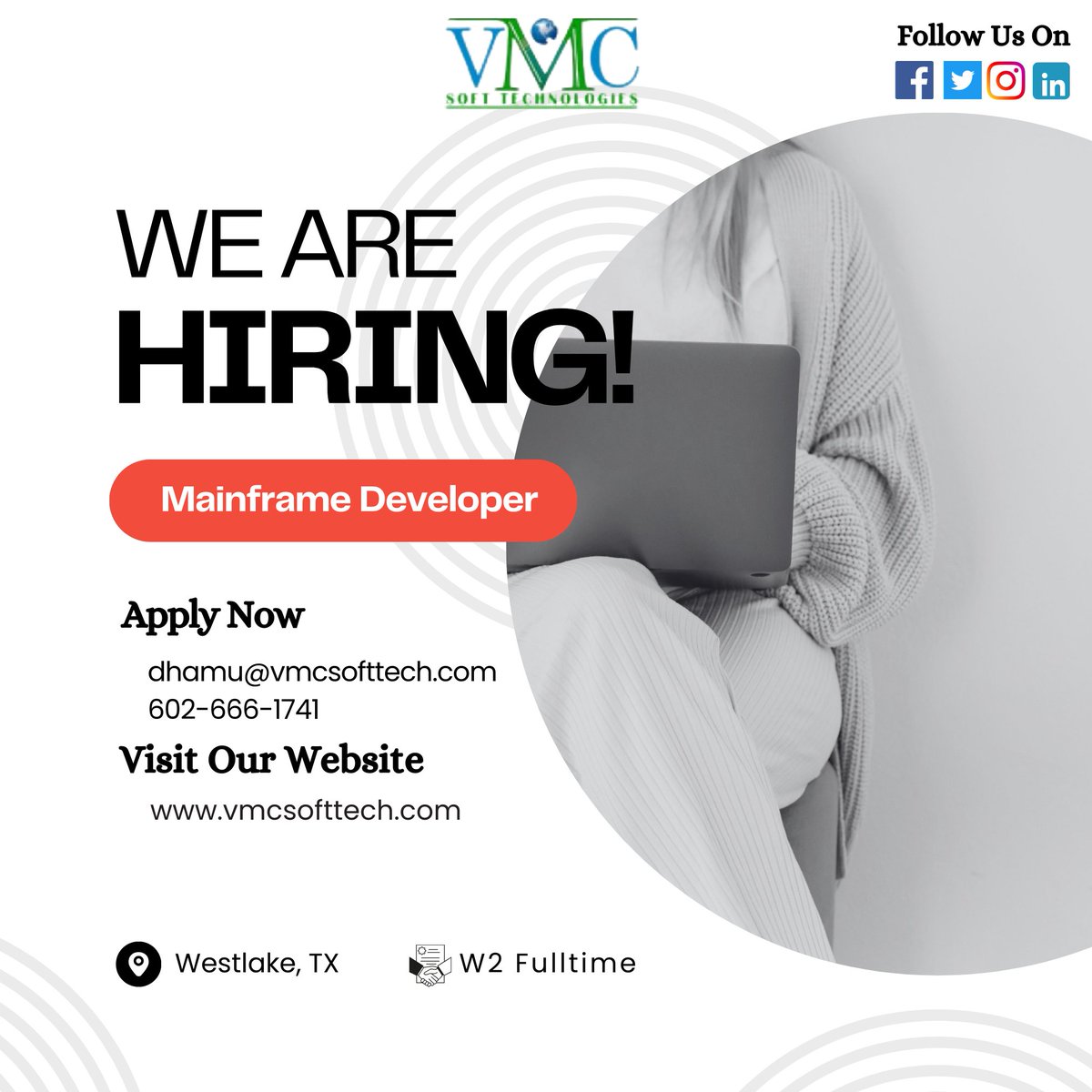 vmc_softtech's tweet image. VMC Soft Technologies looking for a Mainframe Developer in Westlake, TX
Job Title: Mainframe Developer
Location: Westlake, TX
Contract: W2 Contract
For more details: dhamu@vmcsofttech.com/ 602-666-1741
.....
Apply Now: vmcsofttech.com/careers/
.....
#mainframedeveloper