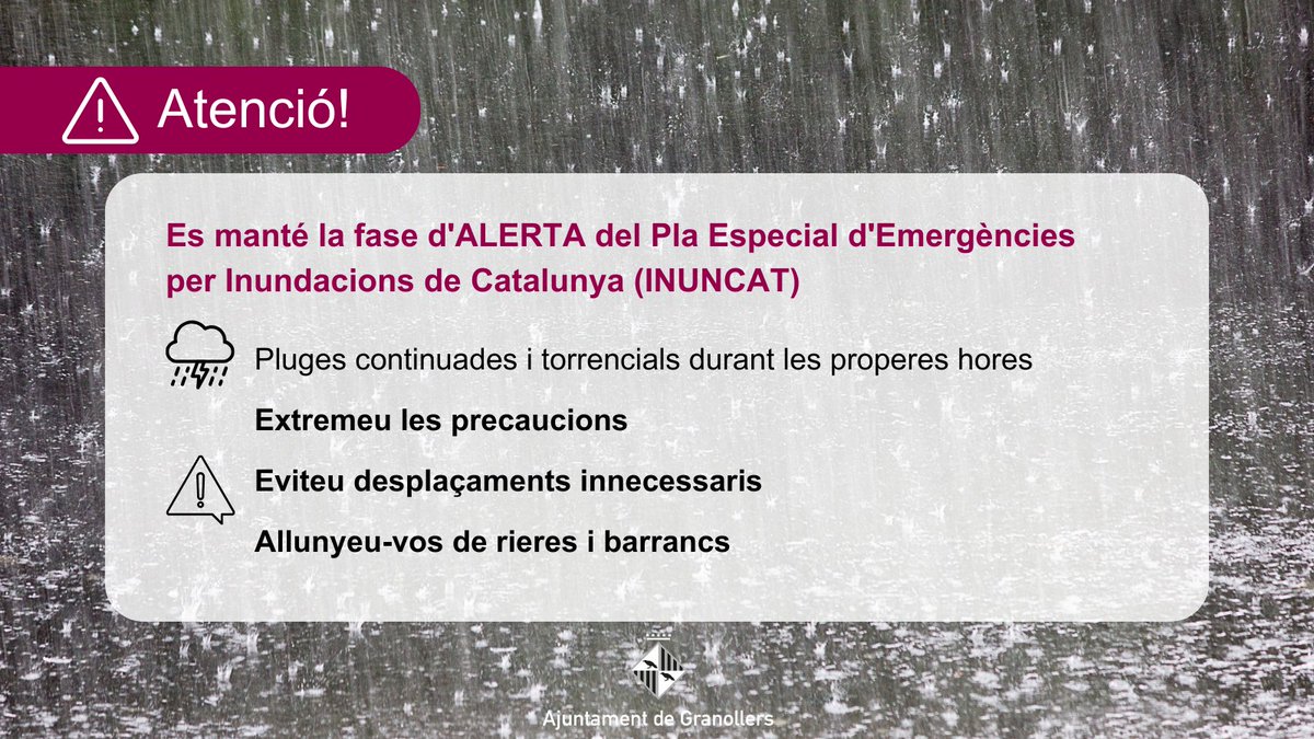 📣 Es manté la fase d'ALERTA del Pla Especial d'Emergències per Inundacions de Catalunya (INUNCAT) ⛈
‼️ Extremeu les precaucions, eviteu desplaçaments innecessaris, i allunyeu-vos de rieres i barrancs