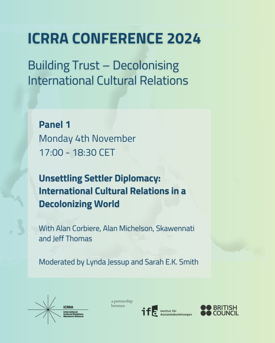 ifa - Research on International Cultural Relations (@ifacultextern) on Twitter photo Join us at 17:00CET for the 1st panel #ICRRA2024 Conference "Unsettling Settler Diplomacy: #ICR in a Decolonizing World" w/ <a href="/AlanCorbiere/">Alan Corbiere</a> <a href="/Skawennati/">Skawennati</a> Alan Michelson & Jeff Thomas. Moderation: @sarah_ek_smith &Lynda Jessup @nacdiplomacyi ➡️bit.ly/ICRRAConferenc… Join us at 17:00CET for the 1st panel #ICRRA2024 Conference "Unsettling Settler Diplomacy: #ICR in a Decolonizing World" w/ <a href="/AlanCorbiere/">Alan Corbiere</a> <a href="/Skawennati/">Skawennati</a> Alan Michelson & Jeff Thomas. Moderation: @sarah_ek_smith &Lynda Jessup @nacdiplomacyi ➡️bit.ly/ICRRAConferenc…