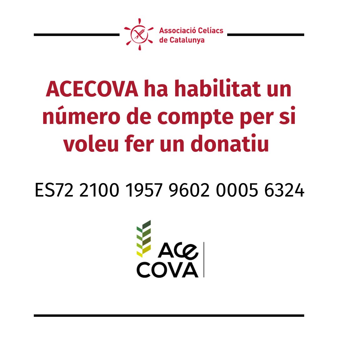 ⚠🙏Si voleu ajudar a les persones amb celiaquia afectades per la DANA, <a href="/FACEceliacos/">Federación de Asociaciones de Celiacos de España</a> i <a href="/Acecova/">Acecova</a>  ens informen que el millor és fer donacions econòmiques.

ℹ️ ACECOVA ha habilitat un número de compte (veure imatge). Concepte: Donativo ACECOVA Dana 2024 Comunidad Valenciana