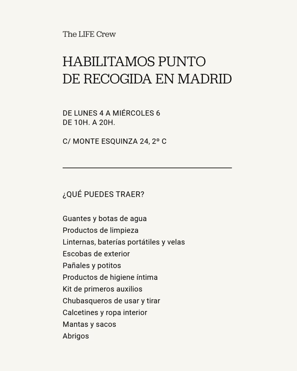 HABILITAMOS PUNTO DE RECOGIDA EN MADRID
DE LUNES 4 A MIÉRCOLES 6
DE 10H. A 20H.
C/ MONTE ESQUINZA 24, 2° CENTRO

#ayudavalencia