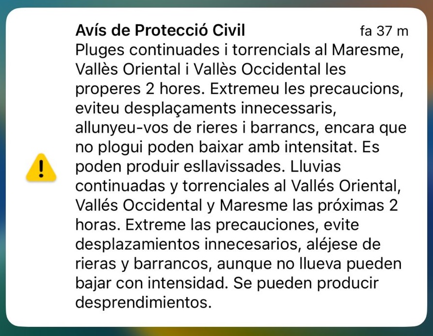 📲 Has rebut aquest missatge d'<a href="/emergenciescat/">Protecció civil</a> al mòbil?

❌ Evita els desplaçaments
🙏 Prudència

Consells d’autoprotecció 👉bit.ly/3CPAOFi