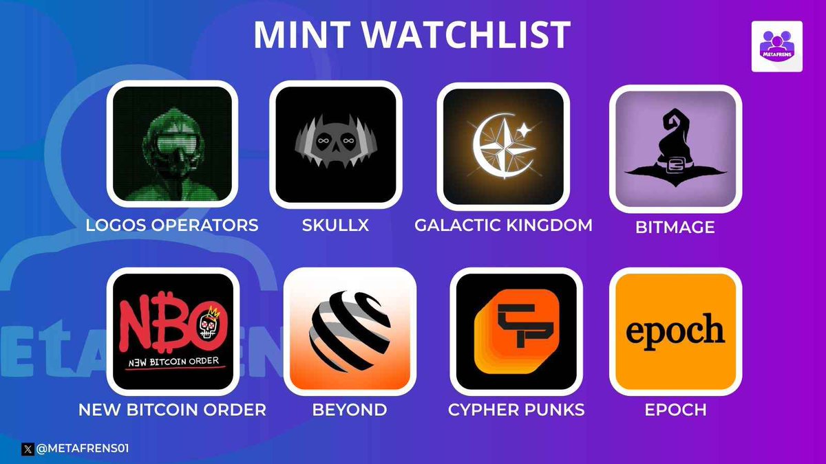 Gm and Happy New Week, Frens💜  

Here are some interesting mints we have our eyes on for the week:

➯LOGOS OPERATORS <a href="/exit_operator/">OP1</a>
CHAIN: BTC
SUPPY: 5000 
MINT PRICE: 0.003796 BTC 
MINT DATE: 4TH NOVEMBER, 1PM UTC.

➯SKULLX (INFINITE) <a href="/SkullxNFT/">Skullx</a>
CHAIN: BTC
SUPPLY: 6666 
MINT