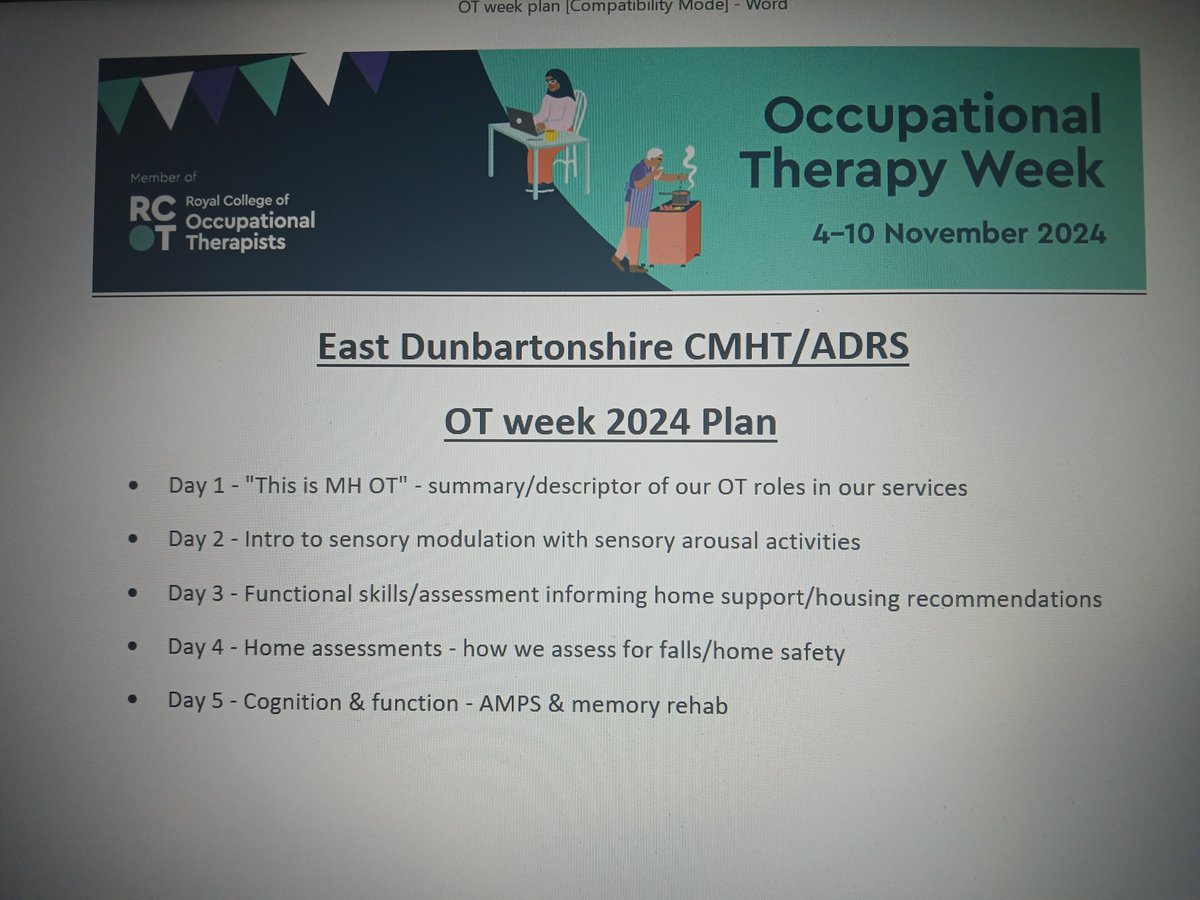 The East Dunbartonshire OT team from the Larkfield CMHT and ADRS have put together some information sheets to share with their colleagues daily to promote #OTweek2024 <a href="/OT_JenStewart/">Jennifer Stewart</a> <a href="/EastDunHSCP/">East Dun HSCP</a>