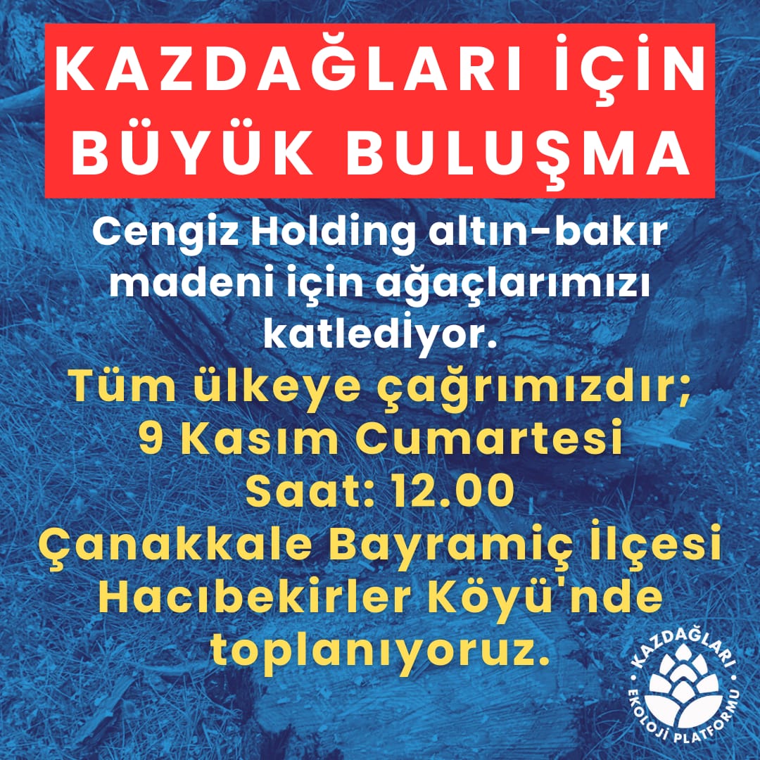 Cengiz Holding Kazdağları'nda ormanımızı katletmeye devam ediyor. Durduramazsak 1 Milyon ağaç ve içinde yaşayan sayısız canlı, köylerimiz, su kaynaklarımız yok edilecek.

Yaşamı savunan herkesi dayanışmaya bekliyoruz. 
#DefolCengiz