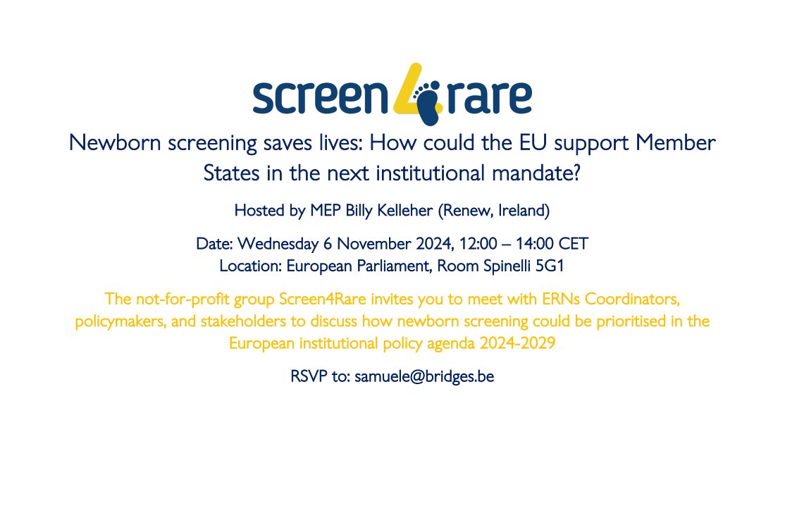 🧬 Newborn screening saves lives!

Join us on Nov 6 at the European Parliament to discuss how the EU can support Member States in prioritizing newborn screening in the next institutional mandate.

🕒 12:00 – 14:00 CET
📍 Room Spinelli 5G1

Hosted by MEP Billy Kelleher