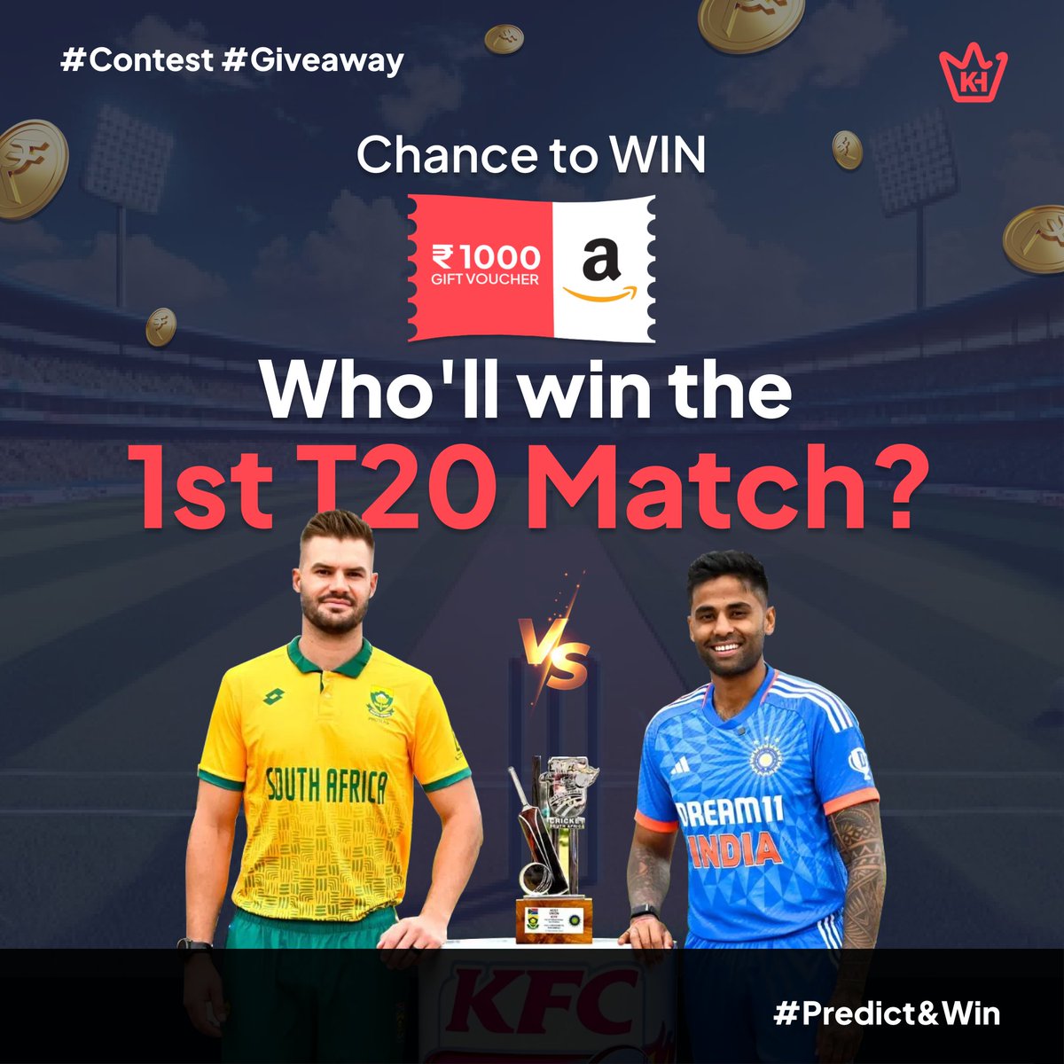#ContestAlert #Giveaway  Who will win the 1st T20 battle India &amp; South Africa? Comment to win Amazon vouchers worth 1000/-. All you have to do is:-       
1. Follow <a href="/KOTHGaming_/">KOTH Gaming</a>
2. Comment with your prediction        
3: Tag your friends and ask them to follow <a href="/KOTHGaming_/">KOTH Gaming</a>    
4.