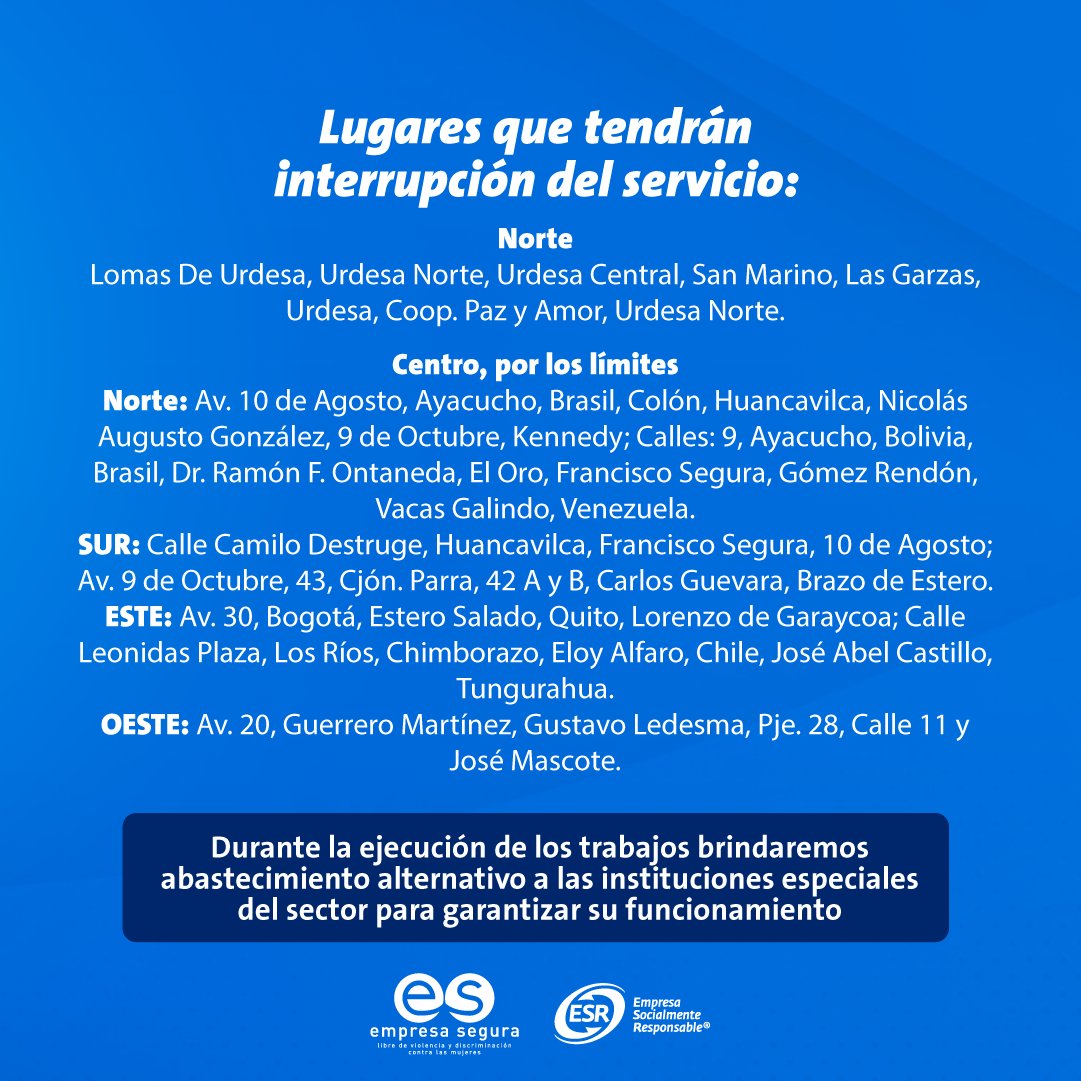 interagua's tweet photo. 📢 ANUNCIO IMPORTANTE - TRABAJO PROGRAMADO
Seguimos trabajando para brindar un servicio de calidad.💧

🚨 Desde las 22h00 del jueves 7 hasta las 17h00 del viernes 8 de noviembre.
➡️ Conoce los lugares que no tendrán el servicio. https://t.co/0l9JExfEEb