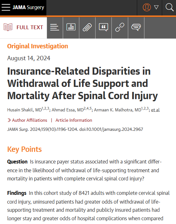 Study highlights differences in withdrawal of life-sustaining treatment, mortality, and health process outcomes for patients with complete traumatic spinal cord injury among uninsured and publicly insured patients compared to privately insured patients. ja.ma/4ee67tw
