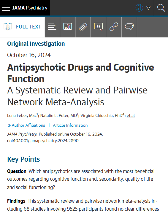 Most viewed in the last 7 days from <a href="/JAMAPsych/">JAMA Psychiatry</a>: 

Which antipsychotics are associated with the most beneficial outcomes regarding cognitive function and, secondarily, quality of life and social functioning? 

ja.ma/3NOvlnG