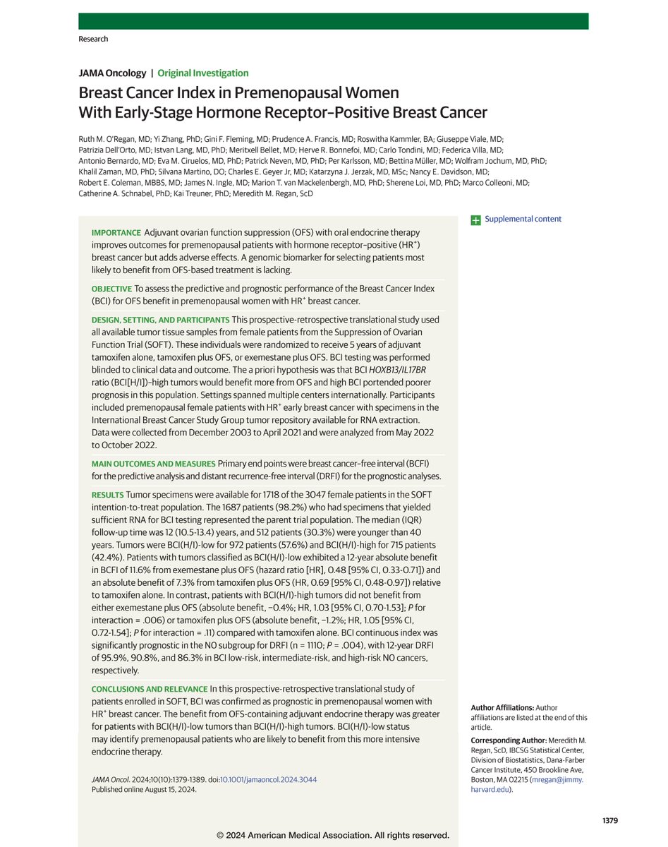 This prospective-retrospective translational study of patients enrolled in SOFT was the first study in which a genomic assay was able to predict which premenopausal patients were most likely to benefit from ovarian function suppression. ja.ma/3Uu7gq6