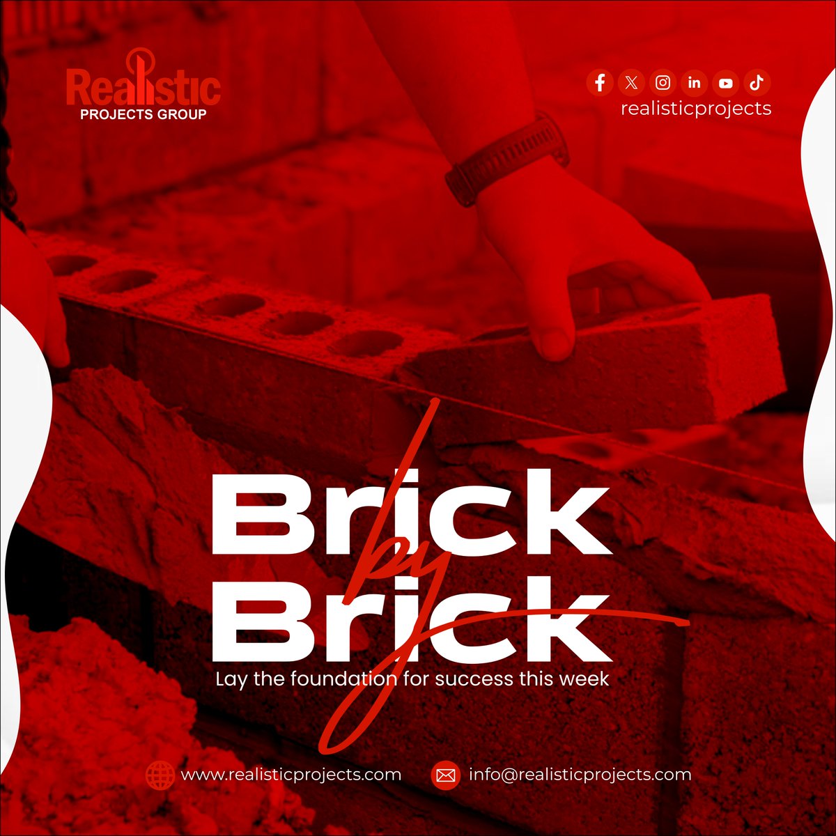 Realisticproj's tweet image. Success is built brick by brick! 🧱 Start this week by laying a strong foundation for your goals. Every step counts! 💪 #BrickByBrick #MondayMotivation #RealisticProjects