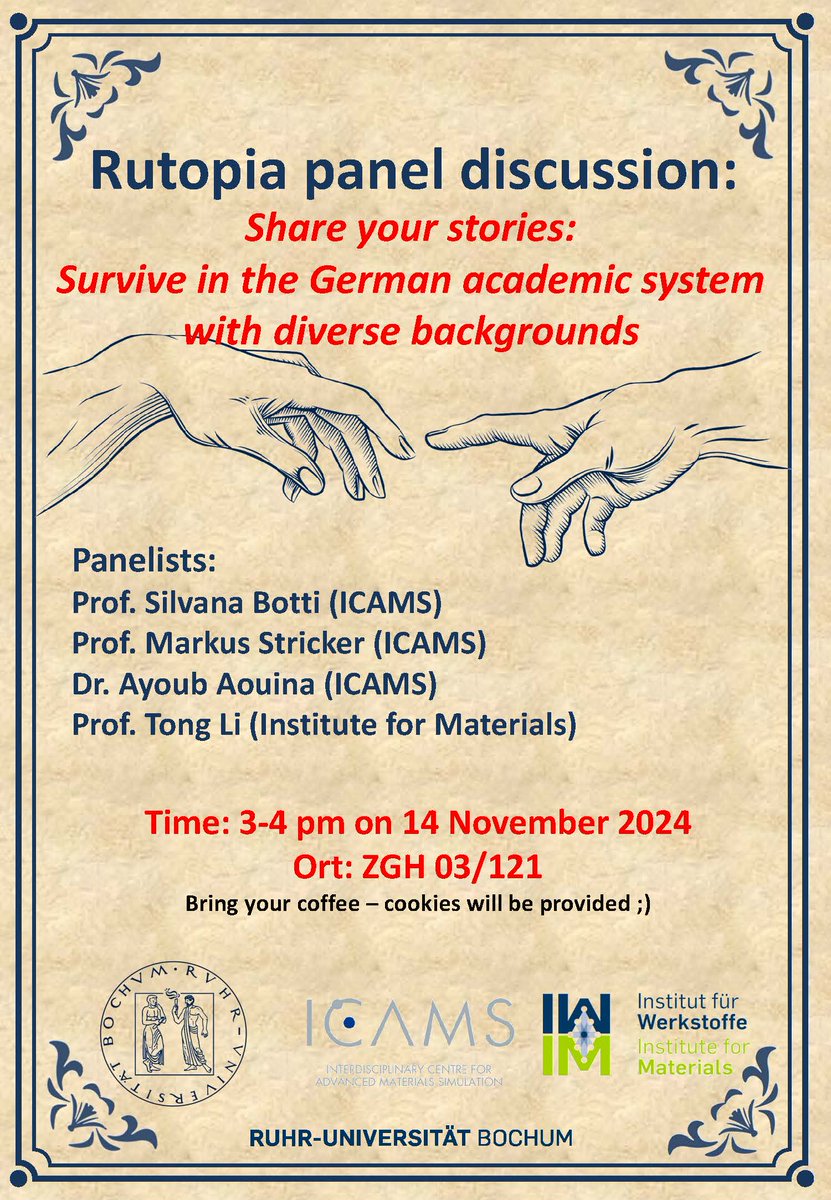Tong Li@RUB (@temapt) on Twitter photo Our next Rutopia panel discussion is on 14 Nov at 3pm in ZGH. Join the discussion about 'Survive in the German academic system with diverse backgrounds' 😀 diverse could mean anything create the difference between you and other colleagues. Bring your coffee and cookies on us 😎 Our next Rutopia panel discussion is on 14 Nov at 3pm in ZGH. Join the discussion about 'Survive in the German academic system with diverse backgrounds' 😀 diverse could mean anything create the difference between you and other colleagues. Bring your coffee and cookies on us 😎