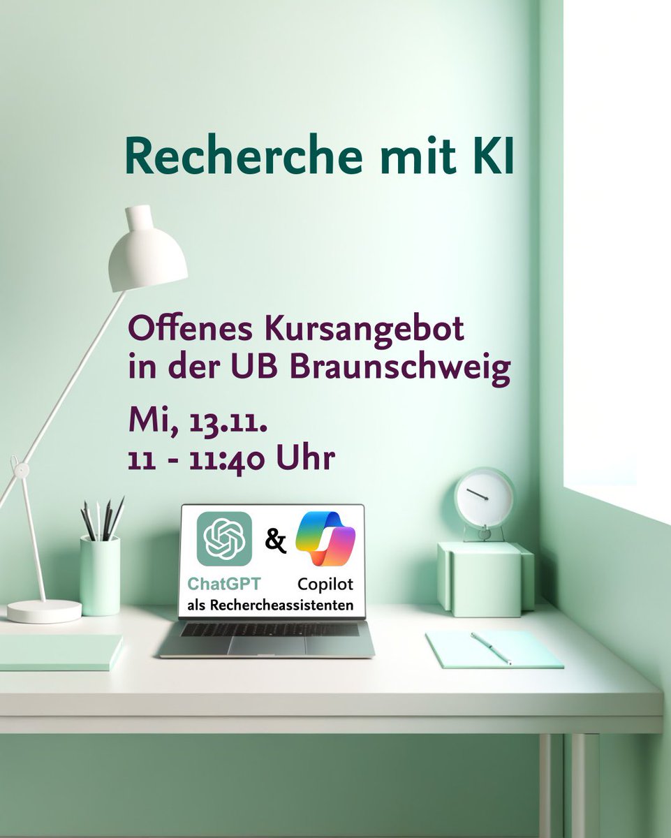 Am Mi, 13.11. bieten wir <a href="/ubbraunschweig/">UB Braunschweig</a> von 11-11:40 Uhr einen offenen Kurs zum Thema "Recherche mit KI" an.
Wie können #chatgpt und #mscopilot beim Erarbeiten von Suchbegriffen und Erstellen von Suchstrings unterstützen?
Alle Infos und Anmeldung 👉 lnk.tu-bs.de/QnU1LP