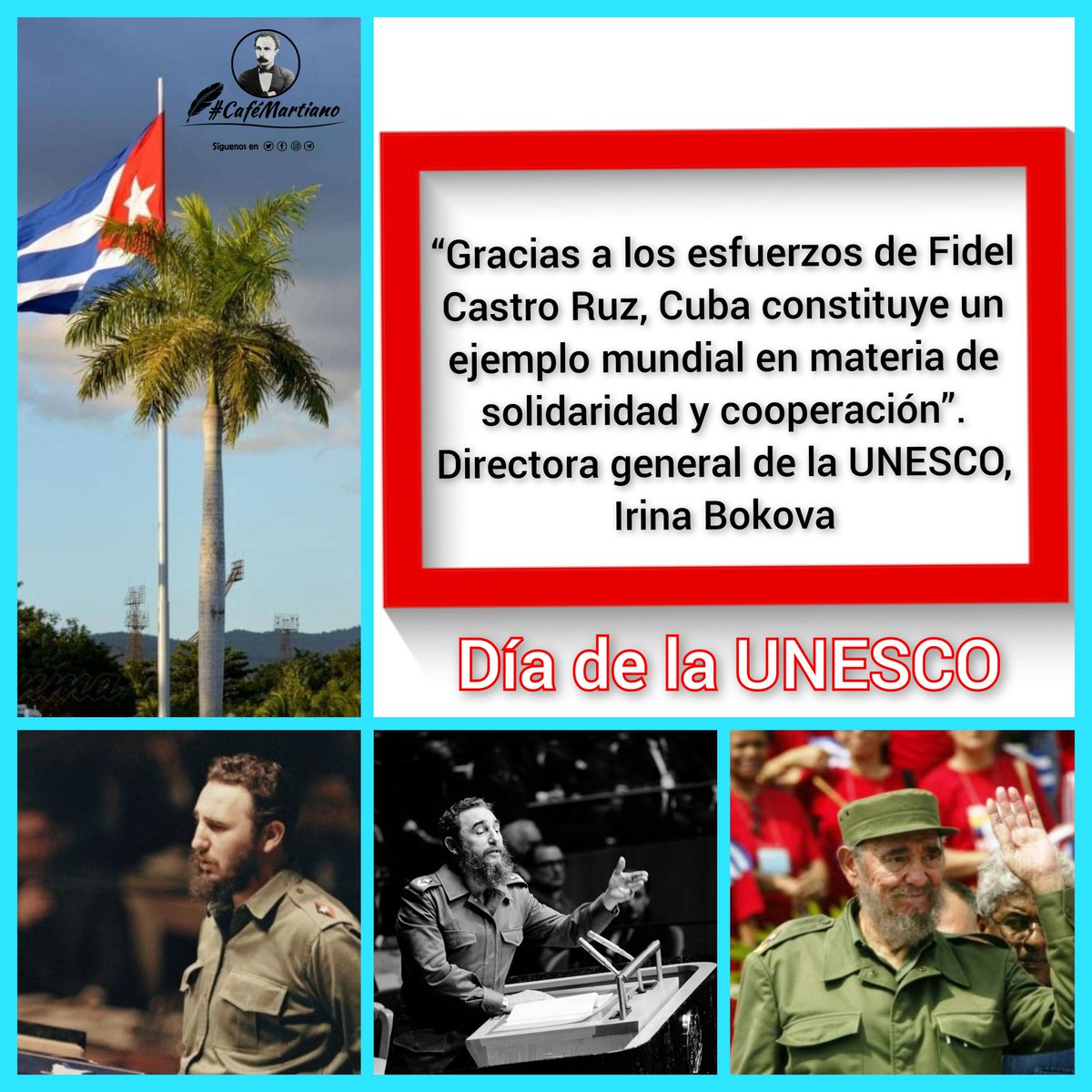 Buenos días  🇨🇺  #CaféMartiano
Día de la UNESCO

✍️"nada hay más justo [...] que dejar en punto de verdad las cosas de la historia".

"Gracias a los esfuerzos de Fidel Castro, Cuba constituye un ejemplo mundial en materia de solidaridad y cooperación”.

#CubaViveEnSuHistoria