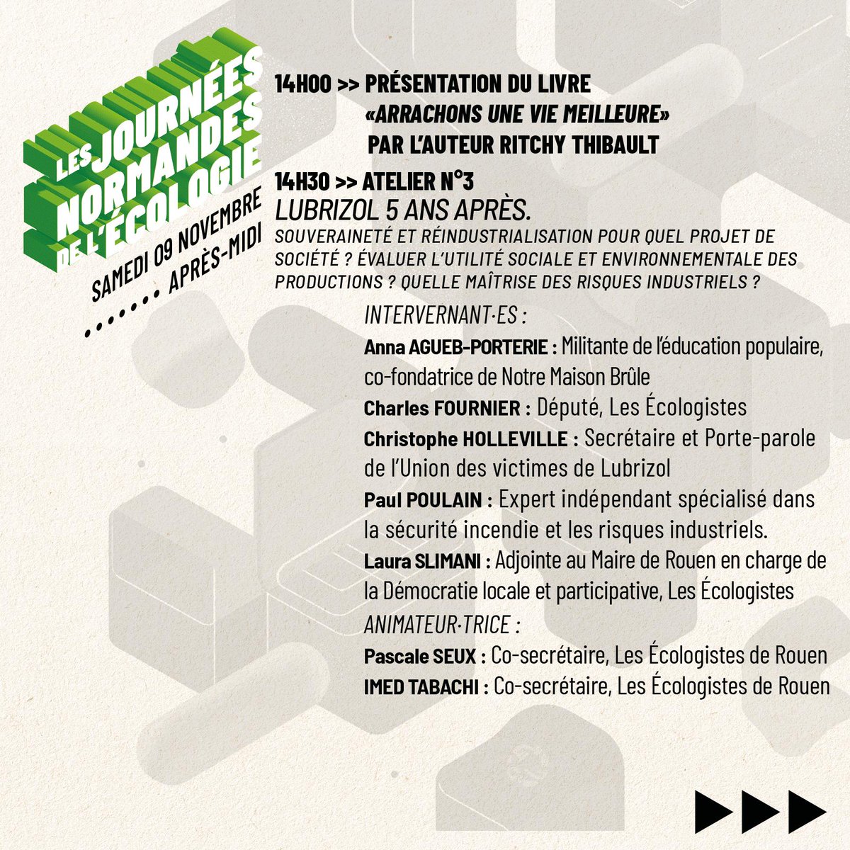 🚨 J-4 !

Les #JNE commencent dans 4 jours ! 

Nous avons hâte de vous y retrouver pour parler d'écologie évidemment mais aussi d'agriculture, d'alimentation, d'industries etc...

📅Vendredi 8 et samedi 9 novembre

📌Au Le Quartier Libre de #Rouen, place Carnot