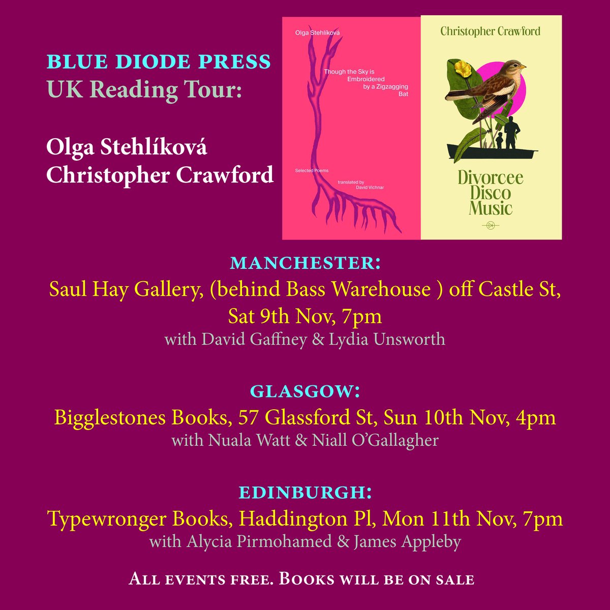 Blue Diode Press (@diodeblue) on Twitter photo Books Tour: terrific Czech poet (Olga) and Scottish poet based in Prague (Chris) reading in Manchester, Glasgow and Edinburgh from 9-11th November, with fabulous special guests. Come along. Free entry, books on sale. Dates and times below. Books Tour: terrific Czech poet (Olga) and Scottish poet based in Prague (Chris) reading in Manchester, Glasgow and Edinburgh from 9-11th November, with fabulous special guests. Come along. Free entry, books on sale. Dates and times below.