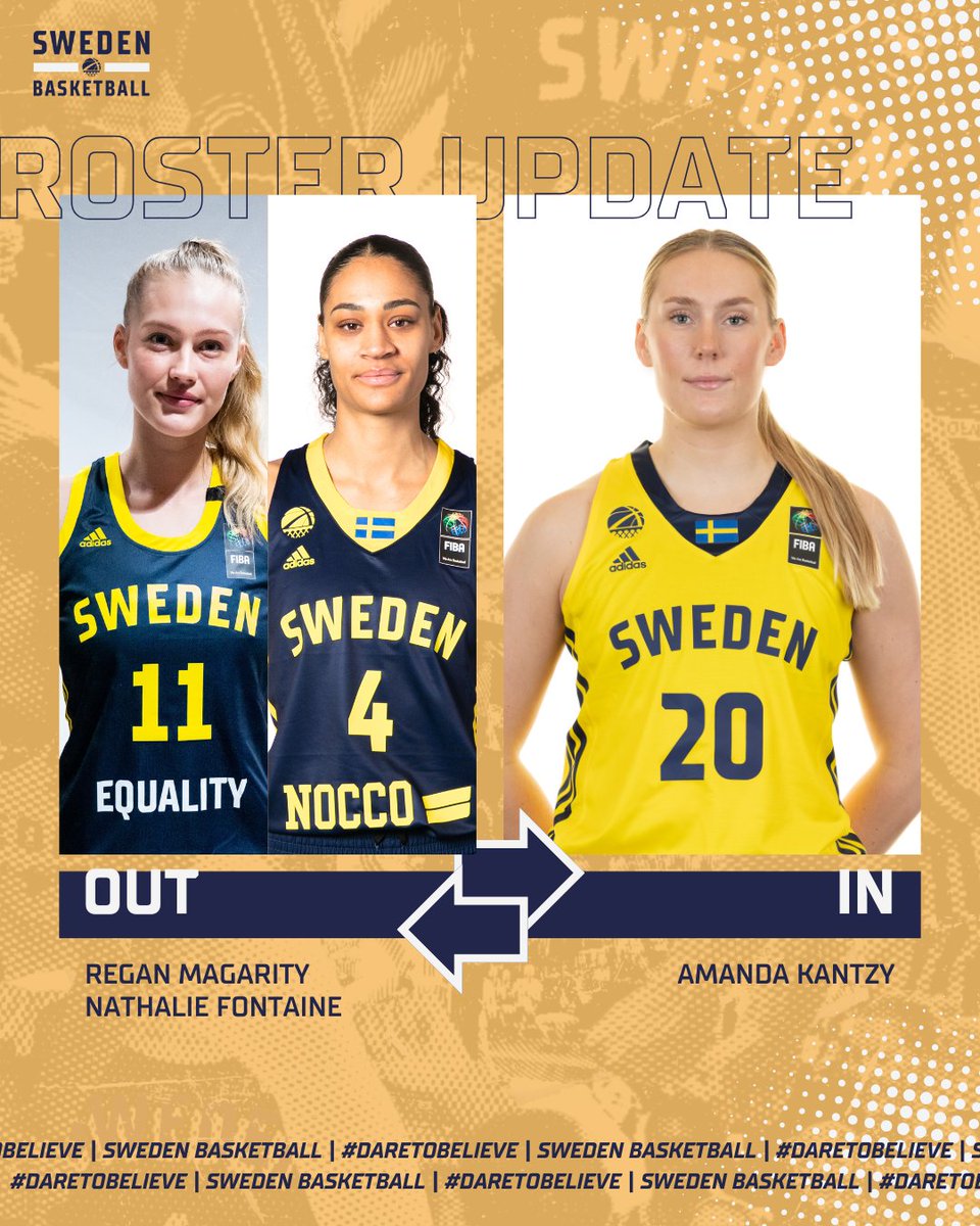 swebasketball's tweet photo. 🚨 Roster Update 🚨

Due to injuries, Regan Magarity and Nathalie Fontaine will not join the Women's NT:s training camp. 
Amanda Kantzy has been called up, and 14 players will attend camp.

12 players will travel to 🇪🇪 for the @EuroBasketWomen Qualifiers game on Thursday.

#SwedenBasketball | #DareToBelieve