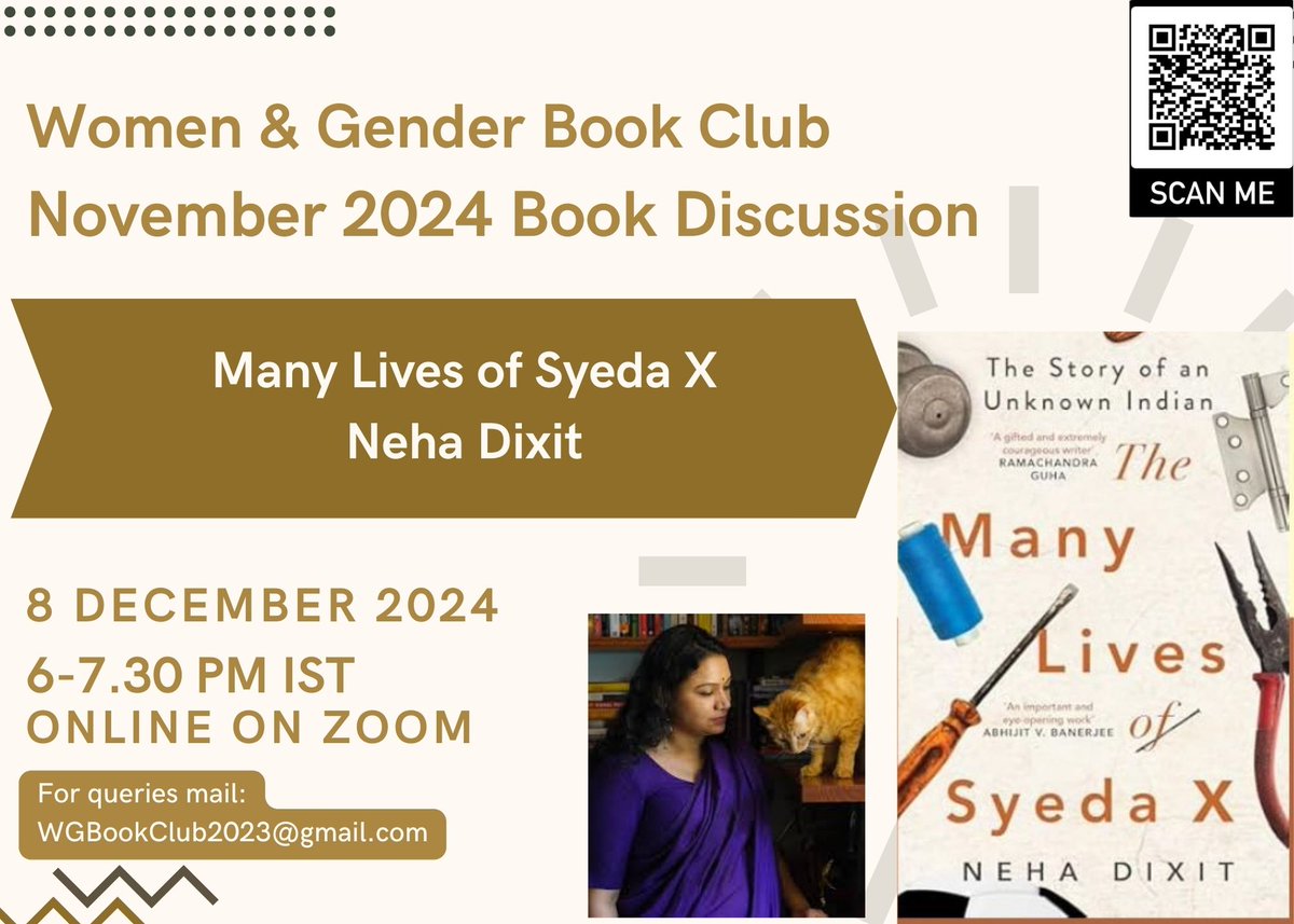 Taanya Kapoor (@taanya_k) on Twitter photo 📢📢ANNOUNCEMENT TIME ‼️
Beyond thrilled to have picked 'The Many Lives of Syeda X' as our <a href="/WGBookClub2023/">WomenandGenderBookClub2023</a> pick of the month!
Hoping fervently that <a href="/nehadixit123/">Neha Dixit</a> can find the time to join us ❣️
Details:
🗓️: December 8, 2024
⏲️:6-7.30 pm IST
🏘️:Online on Zoom
DM for more details! 📢📢ANNOUNCEMENT TIME ‼️
Beyond thrilled to have picked 'The Many Lives of Syeda X' as our <a href="/WGBookClub2023/">WomenandGenderBookClub2023</a> pick of the month!
Hoping fervently that <a href="/nehadixit123/">Neha Dixit</a> can find the time to join us ❣️
Details:
🗓️: December 8, 2024
⏲️:6-7.30 pm IST
🏘️:Online on Zoom
DM for more details!