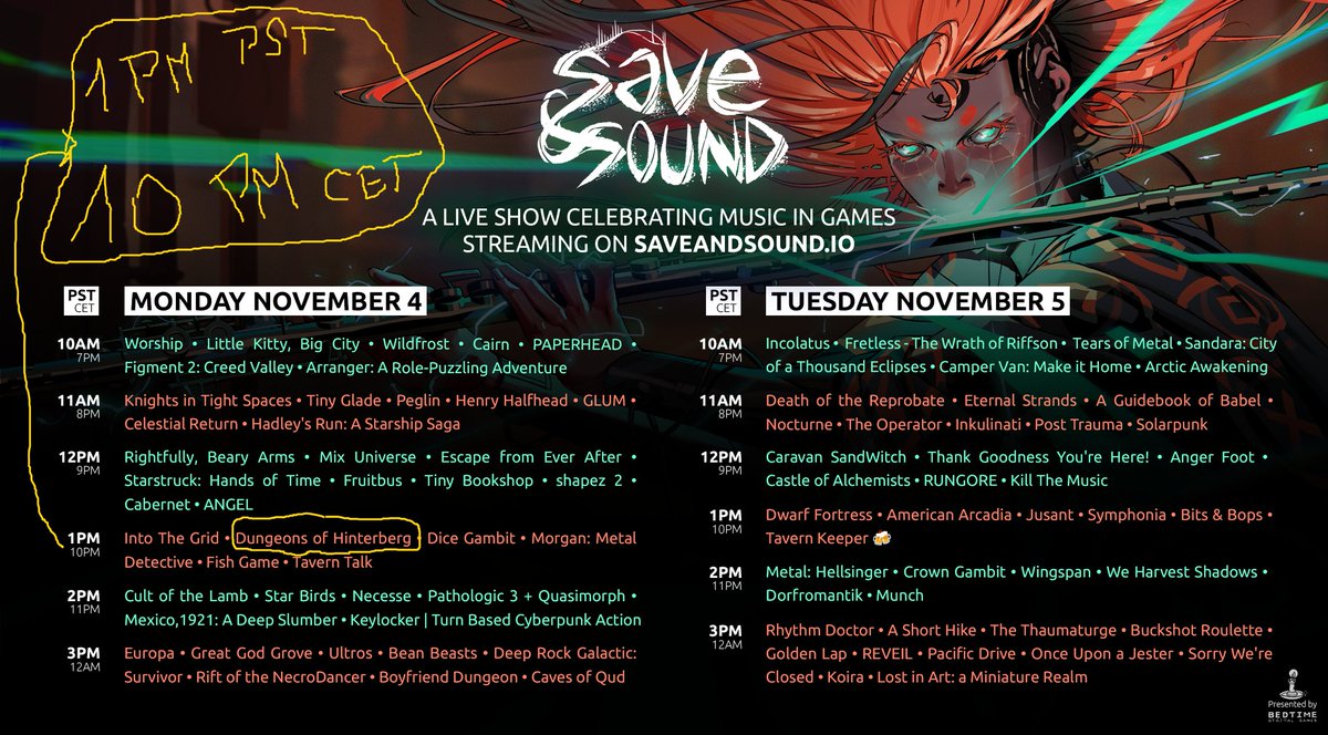 wobblersound ๐ Reboot (@wobblersound) on Twitter photo #SaveAndSound goes live TODAY!
We will be giving some insights into the music and soundworld of Dungeons of Hinterberg - you can see it live today at 10 PM CET / 1 PM PST ๐
YouTube: youtube.com/watch?v=fdbYJKโฆ
Twitch: twitch.tv/bedtimedg
<a href="/MicrobirdGames/">Dungeons of Hinterberg / Microbird</a> <a href="/curvegames/">Curve Games</a> <a href="/BedtimeDG/">Bedtime Digital Games</a> #SaveAndSound goes live TODAY!
We will be giving some insights into the music and soundworld of Dungeons of Hinterberg - you can see it live today at 10 PM CET / 1 PM PST ๐
YouTube: youtube.com/watch?v=fdbYJKโฆ
Twitch: twitch.tv/bedtimedg
<a href="/MicrobirdGames/">Dungeons of Hinterberg / Microbird</a> <a href="/curvegames/">Curve Games</a> <a href="/BedtimeDG/">Bedtime Digital Games</a>