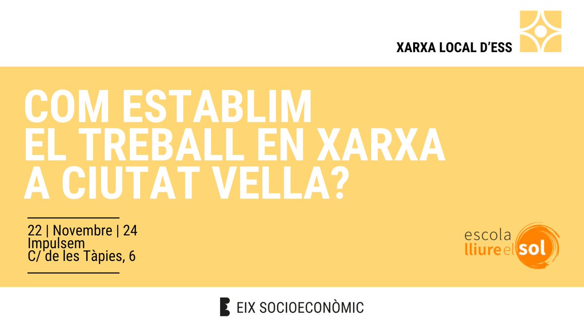 La Traginera - Comunalitat Ciutat Vella (@la_traginera) on Twitter photo 🌐 Com podem enfortir el treball en xarxa a #CiutatVella?
La Xarxa Local i amb <a href="/EscolaElSol/">Escola Lliure el Sol, sccl</a> oferim un taller pràctic per a entitats, col·lectius i equipaments.
📆 Divendres 22/11 de 9:30 a 11:30 h
📍 <a href="/Impulsemsccl/">Impulsem SCCL</a>
➡️ Inscripcions obertes: oficina.latraginera.org/apps/forms/s/r… 🌐 Com podem enfortir el treball en xarxa a #CiutatVella?
La Xarxa Local i amb <a href="/EscolaElSol/">Escola Lliure el Sol, sccl</a> oferim un taller pràctic per a entitats, col·lectius i equipaments.
📆 Divendres 22/11 de 9:30 a 11:30 h
📍 <a href="/Impulsemsccl/">Impulsem SCCL</a>
➡️ Inscripcions obertes: oficina.latraginera.org/apps/forms/s/r…