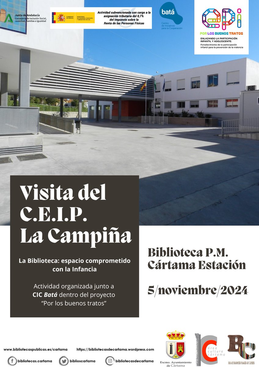 El <a href="/CampinaCeip/">CEIP La Campiña</a>  reconoce a la #Biblioteca como Espacio Comprometido con la Infancia y organizan una visita del alumnado de 5º de Primaria a la Biblioteca P.M. Cártama Estación junto a <a href="/CICBata/">CIC Batá</a>  el martes 5 de noviembre en horario matinal
#Cártama