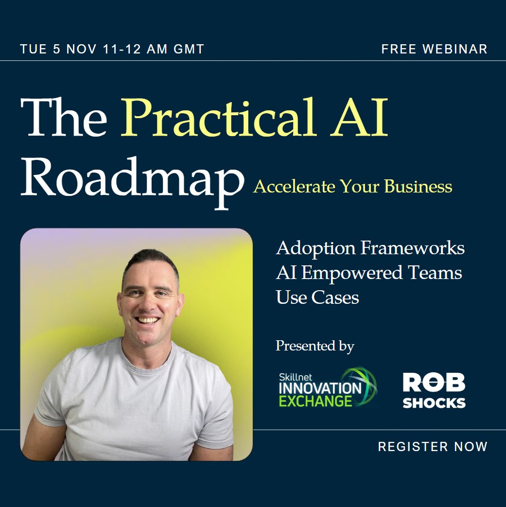 Learn some valuable and practical steps to adopting AI in your business.
I'm condensing my hard won AI adoption knowledge into a short webinar in collaboration with my friends at the Skillnet and the Innovation Exchange. 
5th of November 11-12am GMT

buff.ly/3CnFl4H