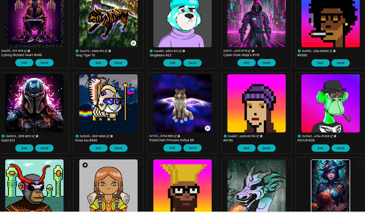 Just a few NFTs I own on #PulseChain 

<a href="/THESTAKERCLASS/">THE STAKER CLASS</a> <a href="/SpectralMana/">Mana👽</a> <a href="/MyChessMove/">Charlie2020 (Isabell)</a> <a href="/TitanLegends888/">Titan Legends // $LGNDX - FIRST NFTS ON TITANX</a> <a href="/DipSlayer/">Nulvector</a> <a href="/Heartarmy_xyz/">Heart Army</a> <a href="/ThePulseLorian/">Pulselorian</a> <a href="/PulseSpaceApe/">PULSE SPACE APES</a> <a href="/bytesandblocks/">🌱 🐸🍑😹🧙‍♂️📈🍊☕️ Tom Bepe</a>