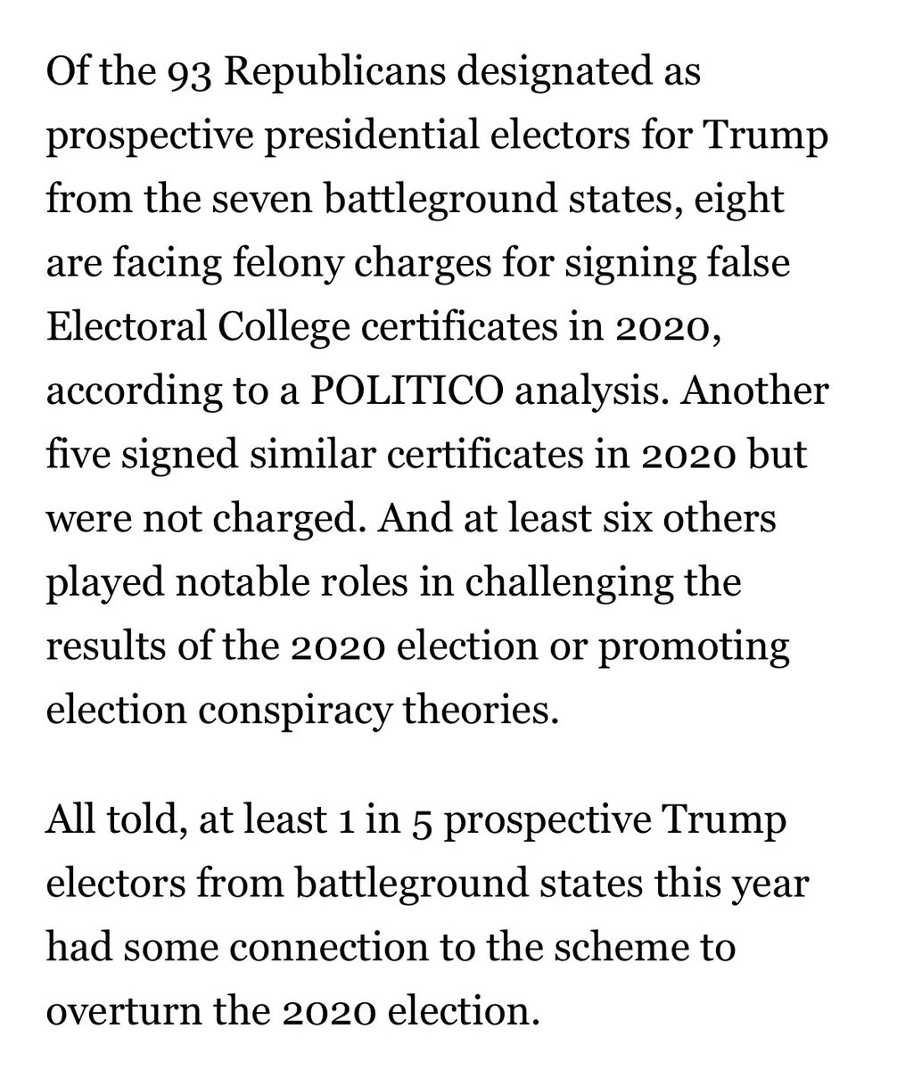 Kyle Cheney (@kyledcheney) on Twitter photo NEW: More than two dozen Republicans hoping to cast Electoral College votes for Donald Trump next month are connected to his effort to subvert the process in 2020 — including 8 facing active felony charges.
Analysis w/ <a href="/liz_crampton/">Liz Crampton</a>
politico.com/news/2024/11/0… NEW: More than two dozen Republicans hoping to cast Electoral College votes for Donald Trump next month are connected to his effort to subvert the process in 2020 — including 8 facing active felony charges.
Analysis w/ <a href="/liz_crampton/">Liz Crampton</a>
politico.com/news/2024/11/0…