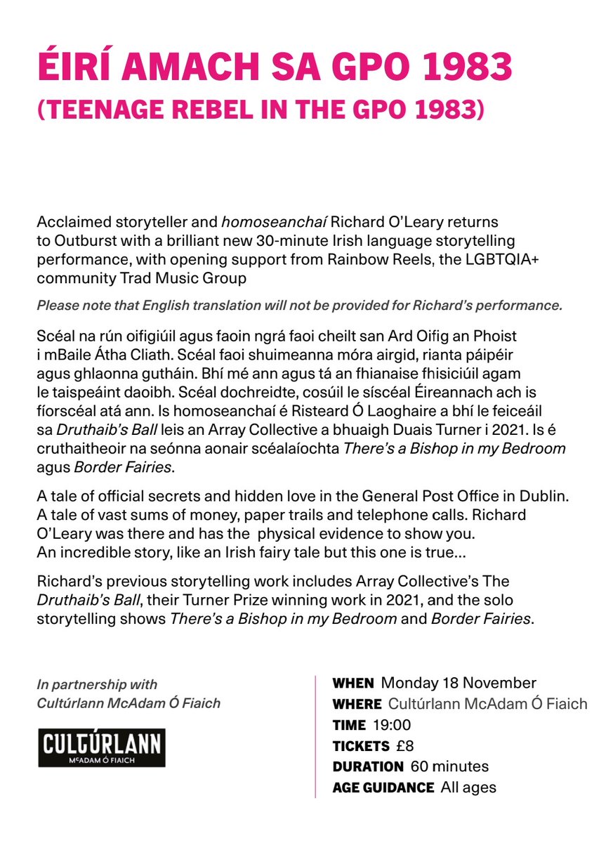 Richardtellingstories (@richardstories) on Twitter photo I'll be performing my new queer Irish language storytelling show "ÉIRÍ AMACH SA GPO 1983” (Teenage Rebel in the GPO 1983) in Belfast on Monday 18th November as part of the <a href="/OutburstArts/">Outburst Arts</a> festival. <a href="/LGBTHistoryNI/">LGBTQIA+ History NI</a> @TomHulme87 <a href="/ProfJohnBarry/">John Barry</a> I'll be performing my new queer Irish language storytelling show "ÉIRÍ AMACH SA GPO 1983” (Teenage Rebel in the GPO 1983) in Belfast on Monday 18th November as part of the <a href="/OutburstArts/">Outburst Arts</a> festival. <a href="/LGBTHistoryNI/">LGBTQIA+ History NI</a> @TomHulme87 <a href="/ProfJohnBarry/">John Barry</a>