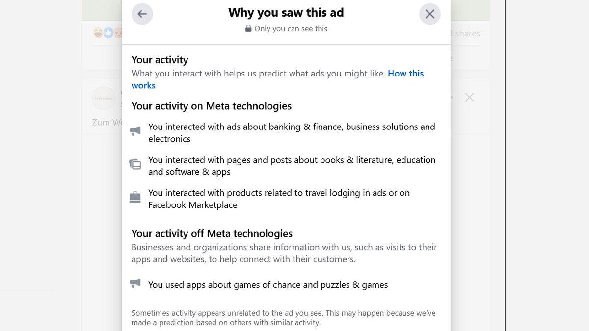 WolfieChristl's tweet photo. Facebook's "why you saw this ad" info has long become a cartoon version of data/AI transparency and explainability. Completely meaningless, useless and worthless. https://t.co/IpEi5LRy1P