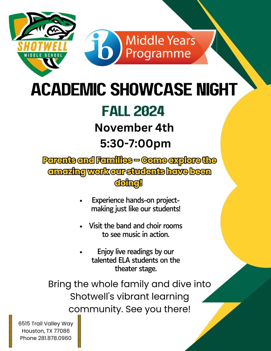 Shotwell Middle School - Aldine ISD (@shotwellms_aisd) on Twitter photo Academic Showcase Night.. come out tonight💚💛<a href="/DrKimJohnson07/">Dr. Kimberly Johnson</a> <a href="/IB_MrsNelms/">Mrs. Nelms</a> <a href="/DrCrystalWatson/">Crystal Watson, Ed.D. Proud Grambling State Alumni</a> @SELCulture_AISD <a href="/Aldine_FACE/">Aldine ISD Family and Community Engagement</a> #AldineImpact Academic Showcase Night.. come out tonight💚💛<a href="/DrKimJohnson07/">Dr. Kimberly Johnson</a> <a href="/IB_MrsNelms/">Mrs. Nelms</a> <a href="/DrCrystalWatson/">Crystal Watson, Ed.D. Proud Grambling State Alumni</a> @SELCulture_AISD <a href="/Aldine_FACE/">Aldine ISD Family and Community Engagement</a> #AldineImpact