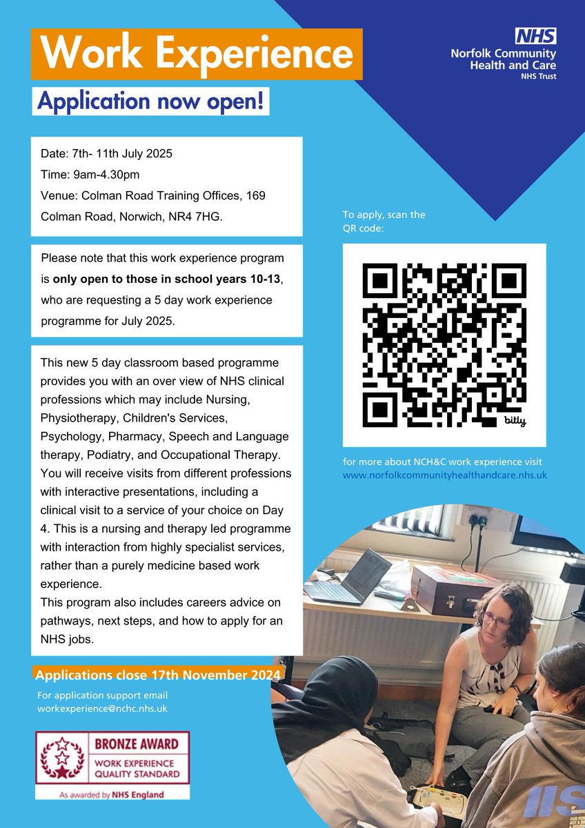 Applications for <a href="/NCHC_NHS/">NCH&C</a> Work Experience program for July 2024 are open from NOW!
If you are in school years 10-13, apply now to NCH&amp;C  award winning work experience program and start your healthcare career here.

Application close 17/11/2024
Apply here: bit.ly/3Aoyp6Y