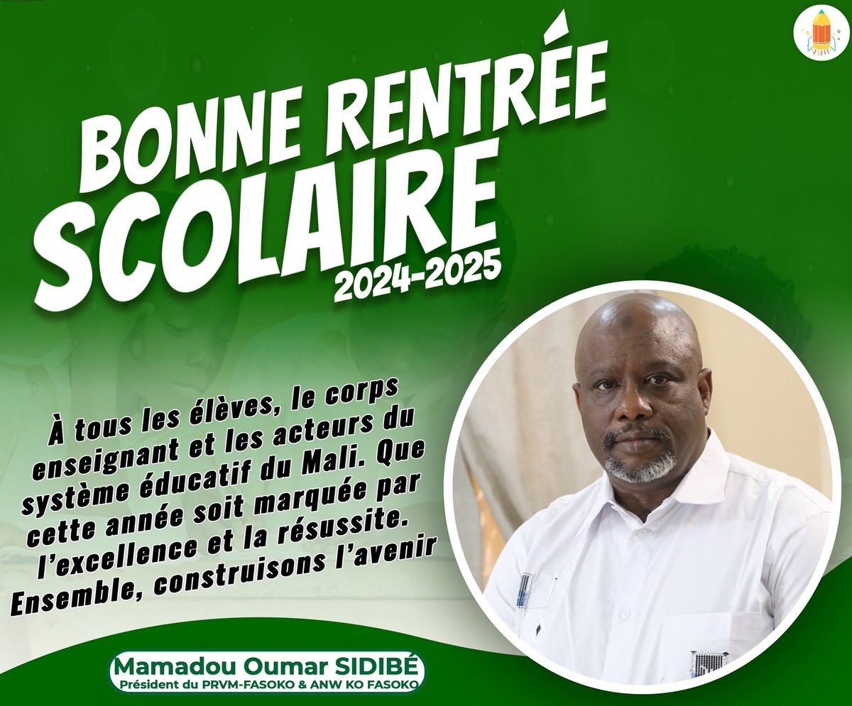 PRVM_FASOKO's tweet photo. Aujourd’hui débute l’année académique 2024-2025. Tous mes encouragements aux élèves, enseignants et acteurs du système éducatif ! #MOS https://t.co/mLQwMeCImG