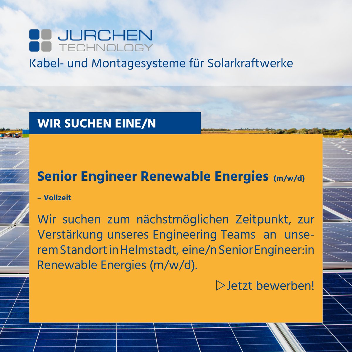 JurchenTech's tweet image. 🚧Stellenangebot: Senior Engineer:in Renewable energies (m/w/d)

Wir suchen Verstärkung für die technische Bearbeitung von Projektanfragen von Photovoltaik-Projekten. Dabei entwickelst konstruierst Du maßgeschneiderte PEG Unterkonstruktionen für Freiflächen-PV-Kraftwerke.
