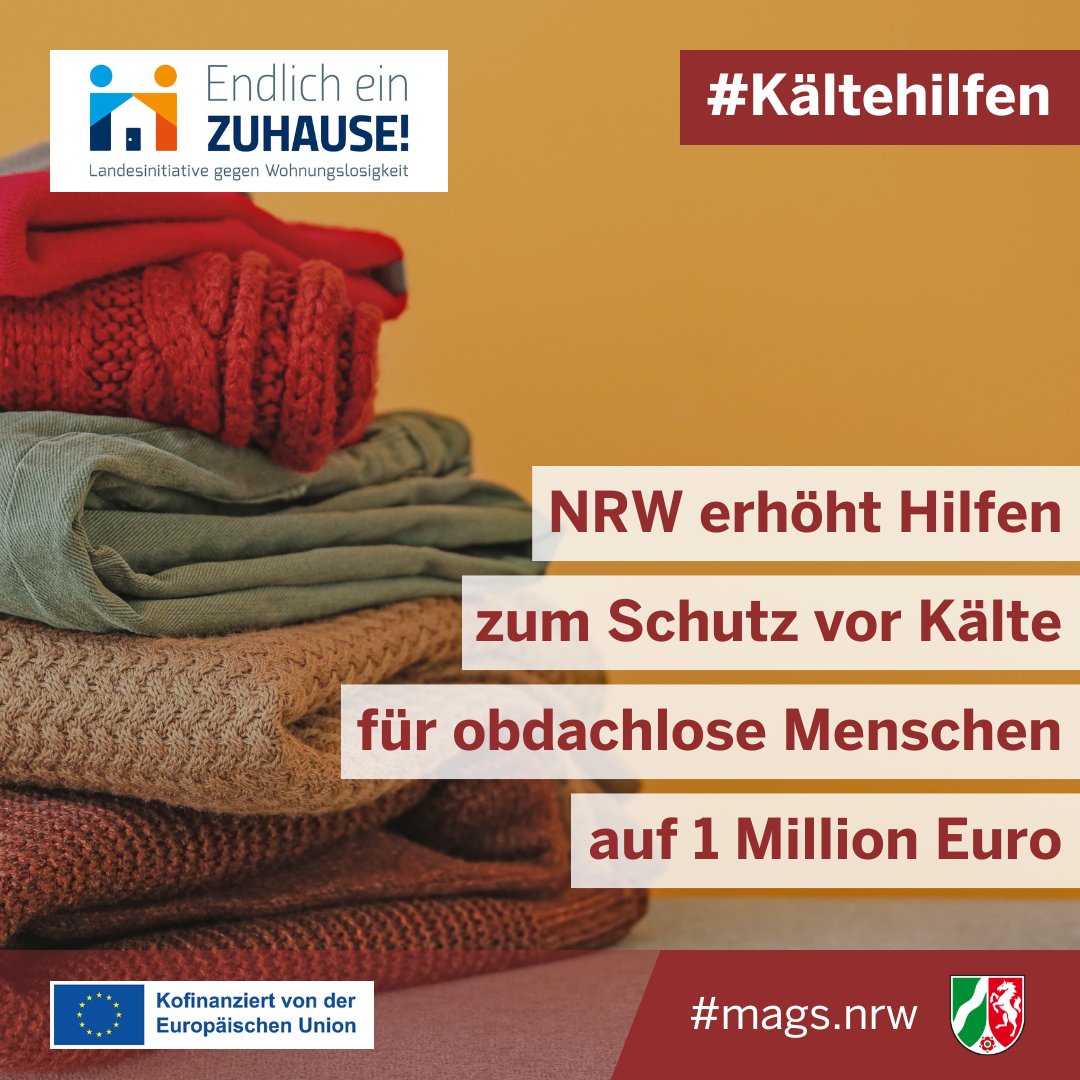 Um wohnungs- und obdachlosen Menschen zu helfen, hat die Landesregierung #NRW die Kältehilfen auf 1 Mio Euro für den kommenden Winter erhöht. Damit können notwendige Hilfsmittel angeschafft werden.

Mehr Infos: mags.nrw/nrw-erhoeht-ka…

#Kältehilfe #EndlichEinZuhause #NRW #Laumann