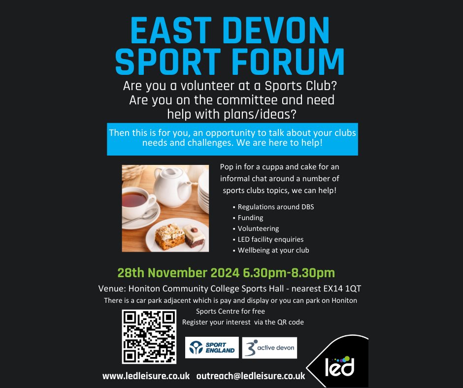 LED and Devon Communities face-to-face club support evening in Honiton on Thur 28th Nov 6.30pm. Drop in and receive info and advice on club related topics including funding, volunteering, DBS, websites, social media, welfare and safeguarding.