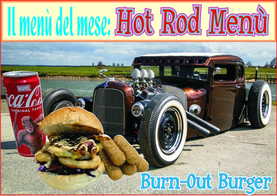 GoGoBurger's tweet image. Il menù del mese di Novembre ci porta negli States con l'Hot Rod Menù:
Burn-Out Burger (Burger - bacon - cheddar - onion rings - cavolo rosso - smoked maio e salsa BBQ) + Stick di mozzarella + Bibita a scelta ad euro 9.60!